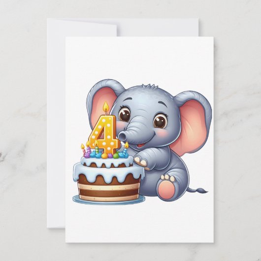 かわいい象の4歳の誕生日 招待状 (正面)