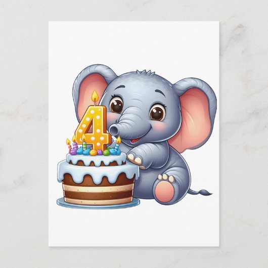 かわいい象の4歳の誕生日 案内ポストカード (正面)