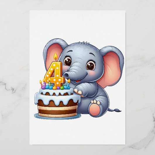 かわいい象の4歳の誕生日 箔招待状 (正面)