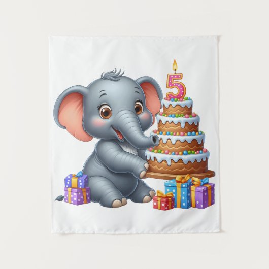 かわいい象の5歳の誕生日 タペストリー (正面)