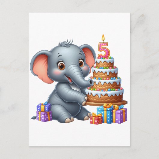かわいい象の5歳の誕生日 ポストカード (正面)