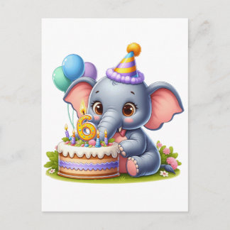 かわいい象の6歳の誕生日 インビテーションポストカード