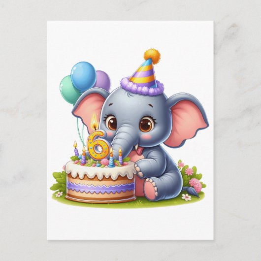かわいい象の6歳の誕生日 インビテーションポストカード (正面)