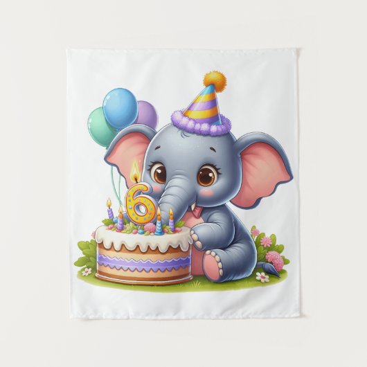かわいい象の6歳の誕生日 タペストリー (正面)