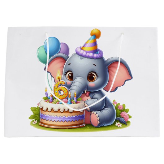 かわいい象の6歳の誕生日 ラージペーパーバッグ (正面)