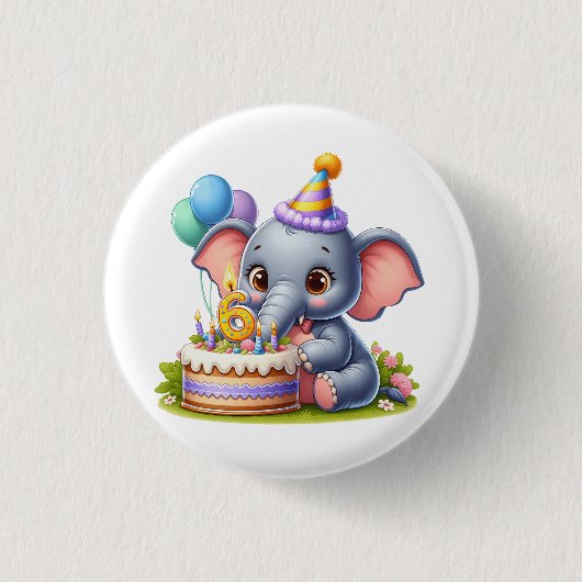 かわいい象の6歳の誕生日 缶バッジ (正面)