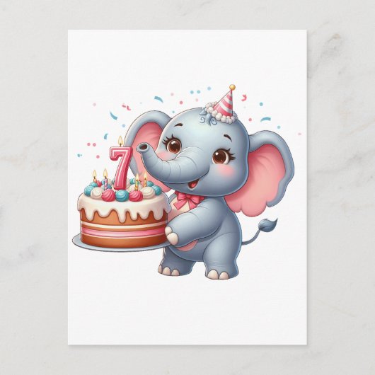 かわいい象の7歳の誕生日 シーズンポストカード (正面)