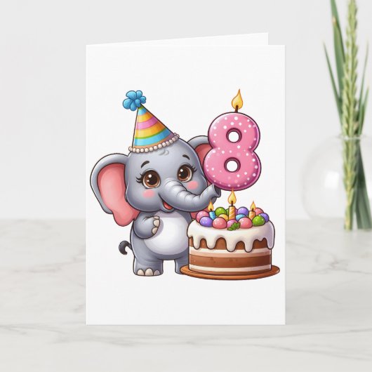 かわいい象の8歳の誕生日 カード (正面)