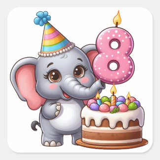 かわいい象の8歳の誕生日 スクエアシール