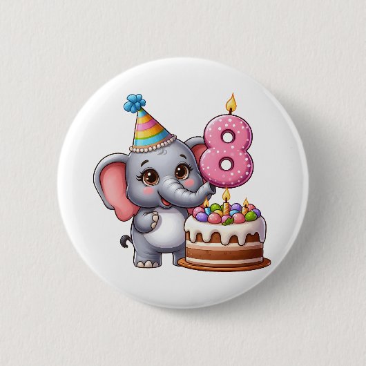 かわいい象の8歳の誕生日 缶バッジ (正面)