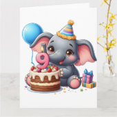 かわいい象の9歳の誕生日 カード (黄色い花)