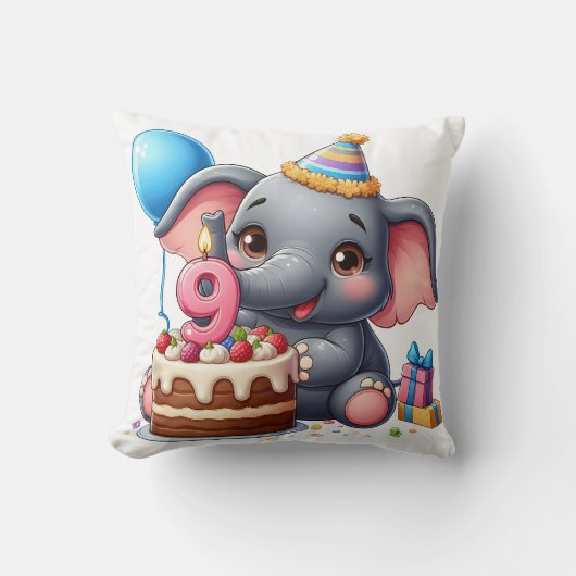 かわいい象の9歳の誕生日 クッション (正面)