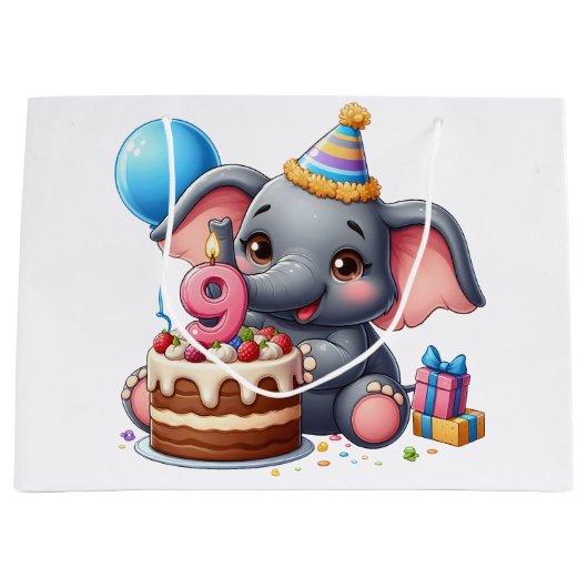 かわいい象の9歳の誕生日 ラージペーパーバッグ (正面)