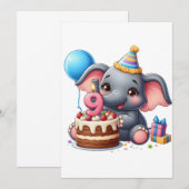 かわいい象の9歳の誕生日 招待状 (正面/裏面)