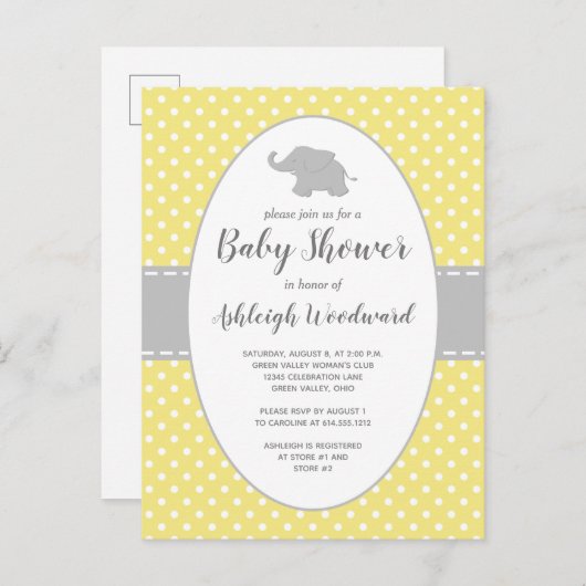 かわいい象イエロー水玉模様ニュートラルベビーシャワー インビテーションポストカード (正面/裏面)