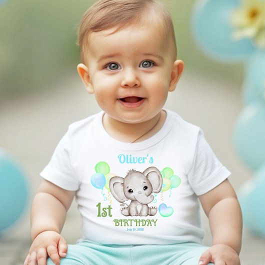 かわいい象カラフルの夏の最初の誕生日ボーイ ベビーボディスーツ
