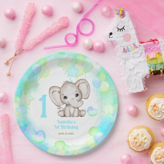 かわいい象カラフルの夏の男の子1日 ペーパープレート (パーティー)