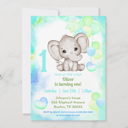 かわいい象カラフルの夏の男の子1日 招待状 (正面)