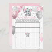かわいい象ガールバルーン赤ちゃんシャワービンゴカード 招待状 (正面/裏面)