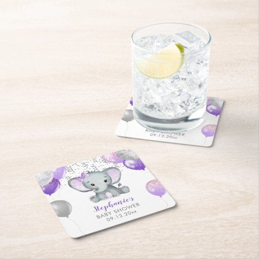 かわいい象ガールバルーン赤ちゃんシャワー スクエアペーパーコースター (インサイチュ)