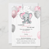 かわいい象ガールバルーン赤ちゃんシャワー 招待状 (正面)