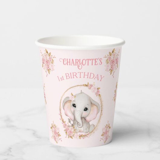 かわいい象ガールピンクフローラバラ1st誕生日 紙コップ (裏面)