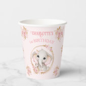 かわいい象ガールピンクフローラバラ1st誕生日 紙コップ (正面)