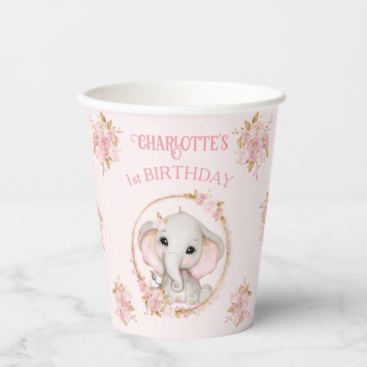 かわいい象ガールピンクフローラバラ1st誕生日 紙コップ (正面)