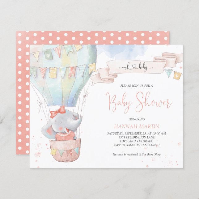 かわいい象ガールピンク赤ちゃんシャワー招待状 (正面/裏面)