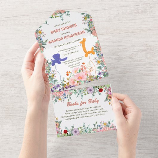 かわいい象キリンのバルーンフローラの赤ちゃんシャワー オールインワン招待状 (貼ってはがせる)