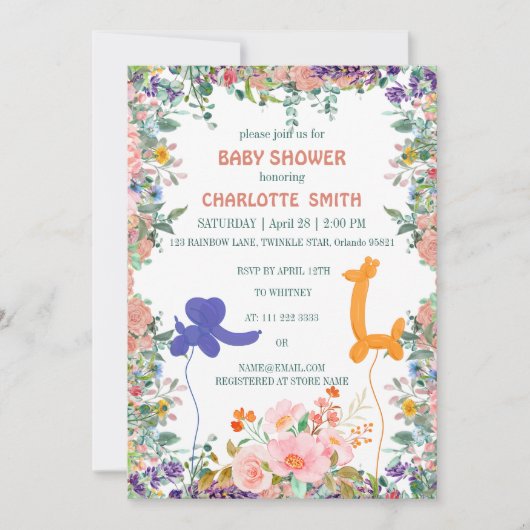 かわいい象キリンのバルーンフローラの赤ちゃんシャワー 招待状 (正面)