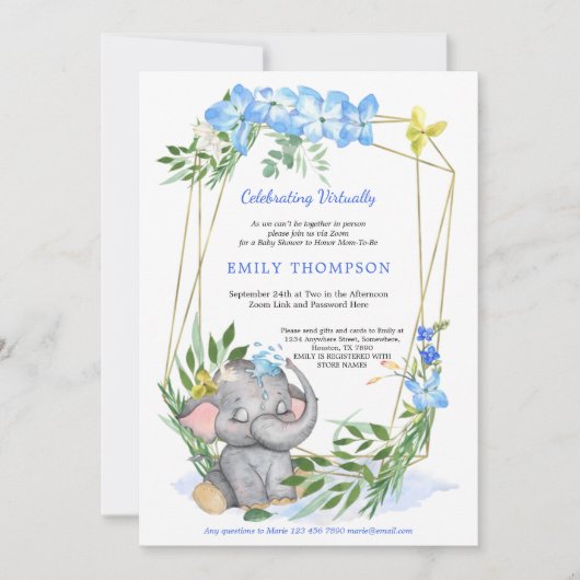 かわいい象ジオメトリックブルー仮想ベビーシャワー 招待状 (正面)