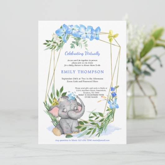 かわいい象ジオメトリックブルー仮想ベビーシャワー 招待状 (スタンド正面)