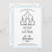 かわいい象ツインズベビーシャワーブルー男の赤ちゃん 招待状 (正面/裏面)