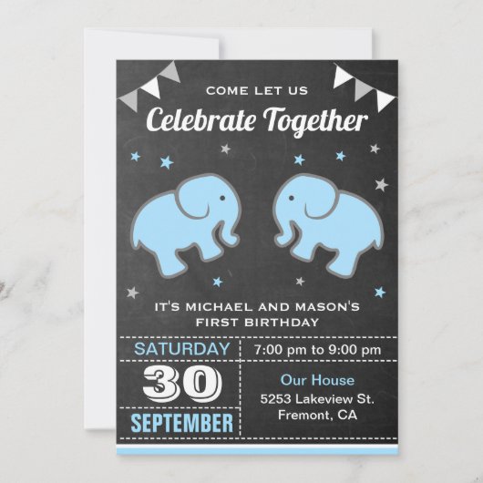 かわいい象ツインボーイズ誕生日パーティーの招待状 招待状 (正面)