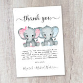 かわいい象ツイン女の子の男の子の赤ちゃんシャワー サンキューカード