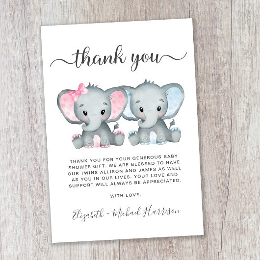 かわいい象ツイン女の子の男の子の赤ちゃんシャワー サンキューカード