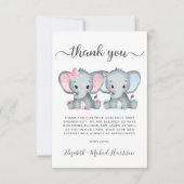 かわいい象ツイン女の子の男の子の赤ちゃんシャワー サンキューカード (正面)