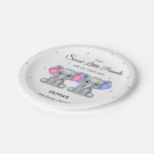 かわいい象ツイン女の子の男の子の赤ちゃんシャワー ペーパープレート (アングル)