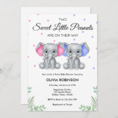 かわいい象ツイン女の子の男の子の赤ちゃんシャワー 招待状 (正面/裏面)