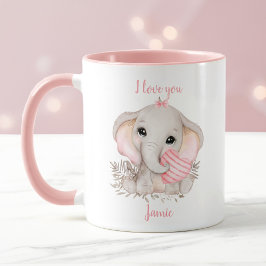 かわいい象ハートバレンタインラブピンク名 マグカップ