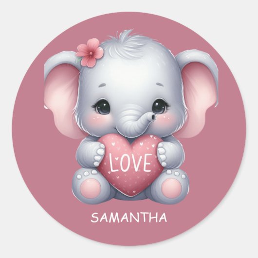 かわいい象ハートラブピンクハッピーバレンタインデー ラウンドシール (正面)