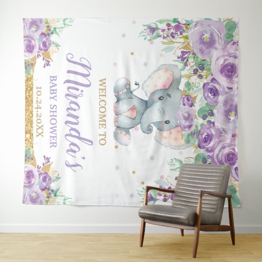 かわいい象パープルフローラ赤ちゃんシャワーへようこそ タペストリー (インサイチュ(横))