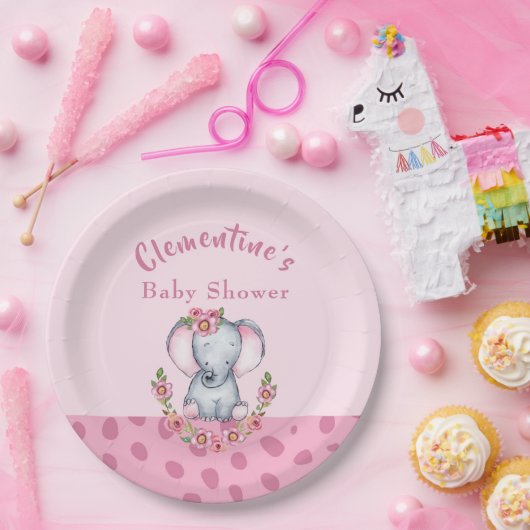 かわいい象ピンクのアニマルプリント赤ちゃんシャワー ペーパープレート (パーティー)