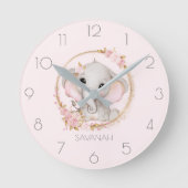 かわいい象ピンクのバラの女の子の名前 ラウンド壁時計 (正面)