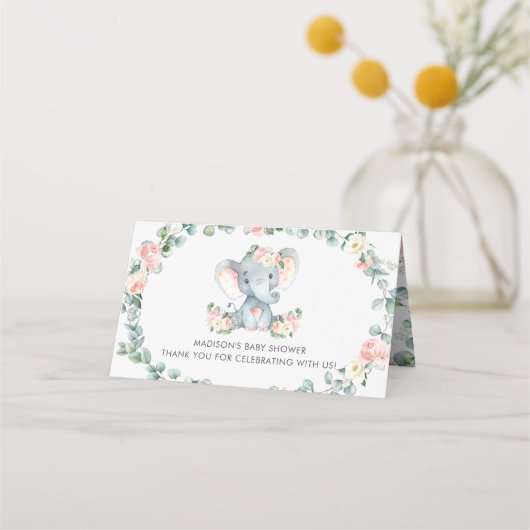 かわいい象ピンクのフローラ緑の赤ちゃんシャワー プレイスカード
