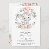 かわいい象ピンクのフローラ緑の赤ちゃんシャワー 招待状 (正面/裏面)