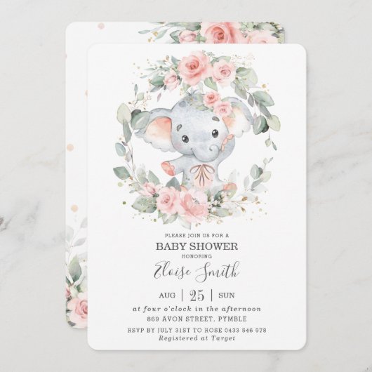 かわいい象ピンクのフローラ緑の赤ちゃんシャワー 招待状 (正面/裏面)