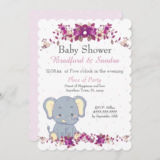 かわいい象ピンクのフローラ雨粒ベビーシャワー 招待状 (正面/裏面)