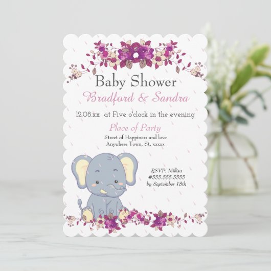 かわいい象ピンクのフローラ雨粒ベビーシャワー 招待状 (スタンド正面)